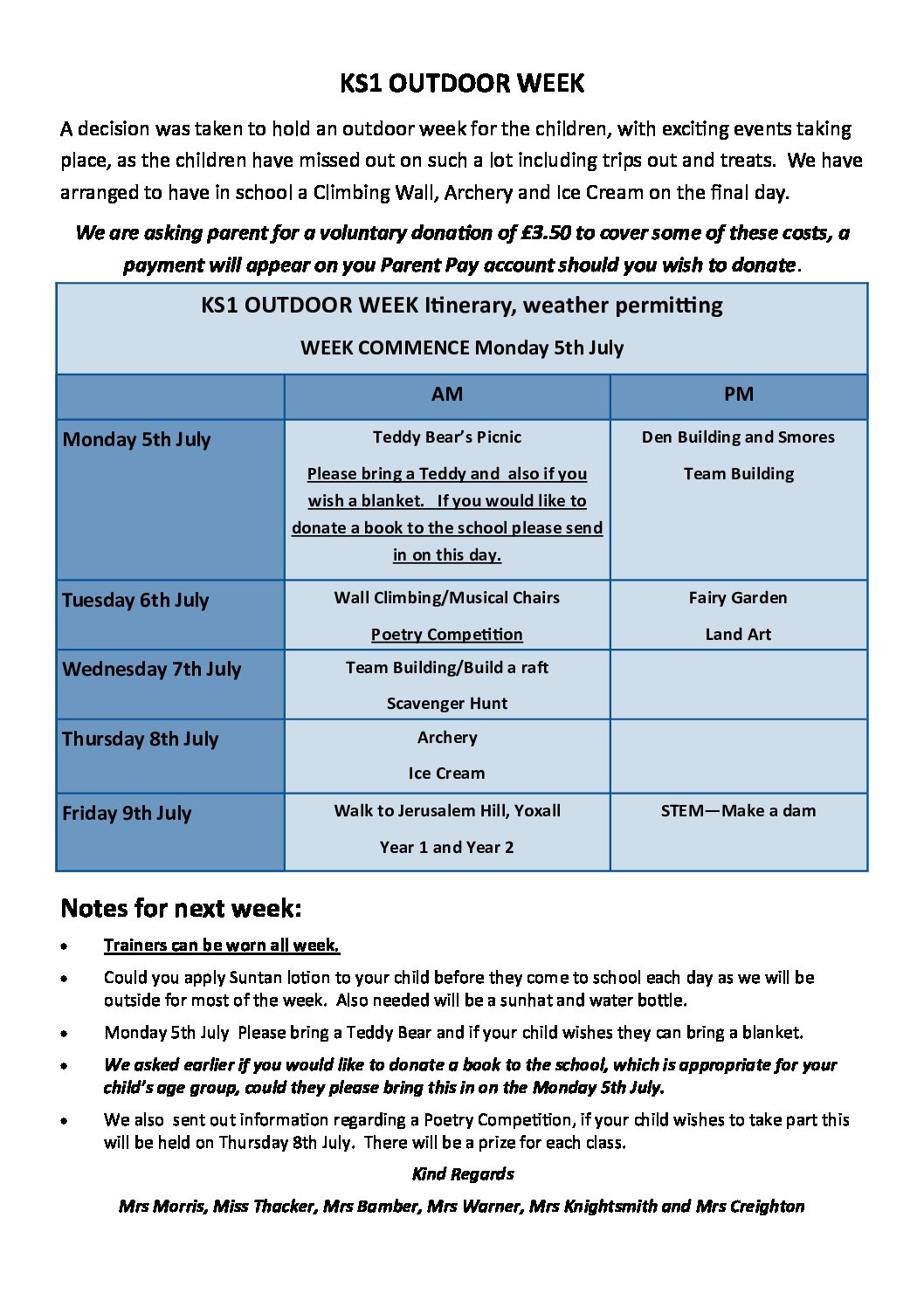 KS1 – Outdoor Week Commencing Monday 5th July