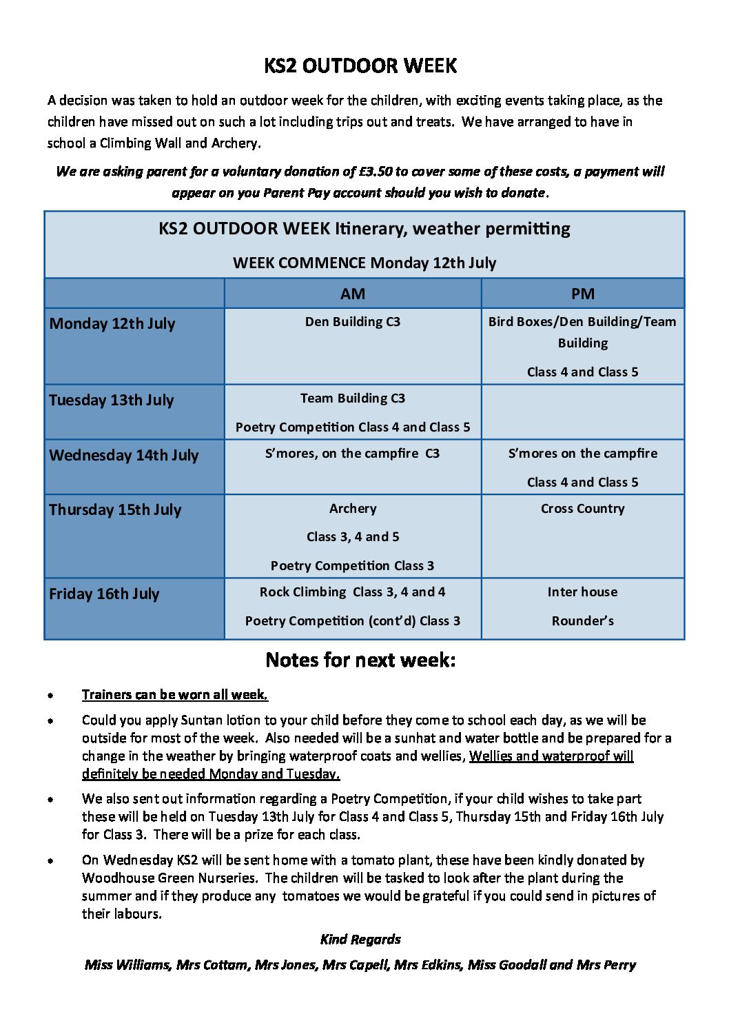 KS2 Itinerary for Outdoor Week commencing Monday 12th July 2021