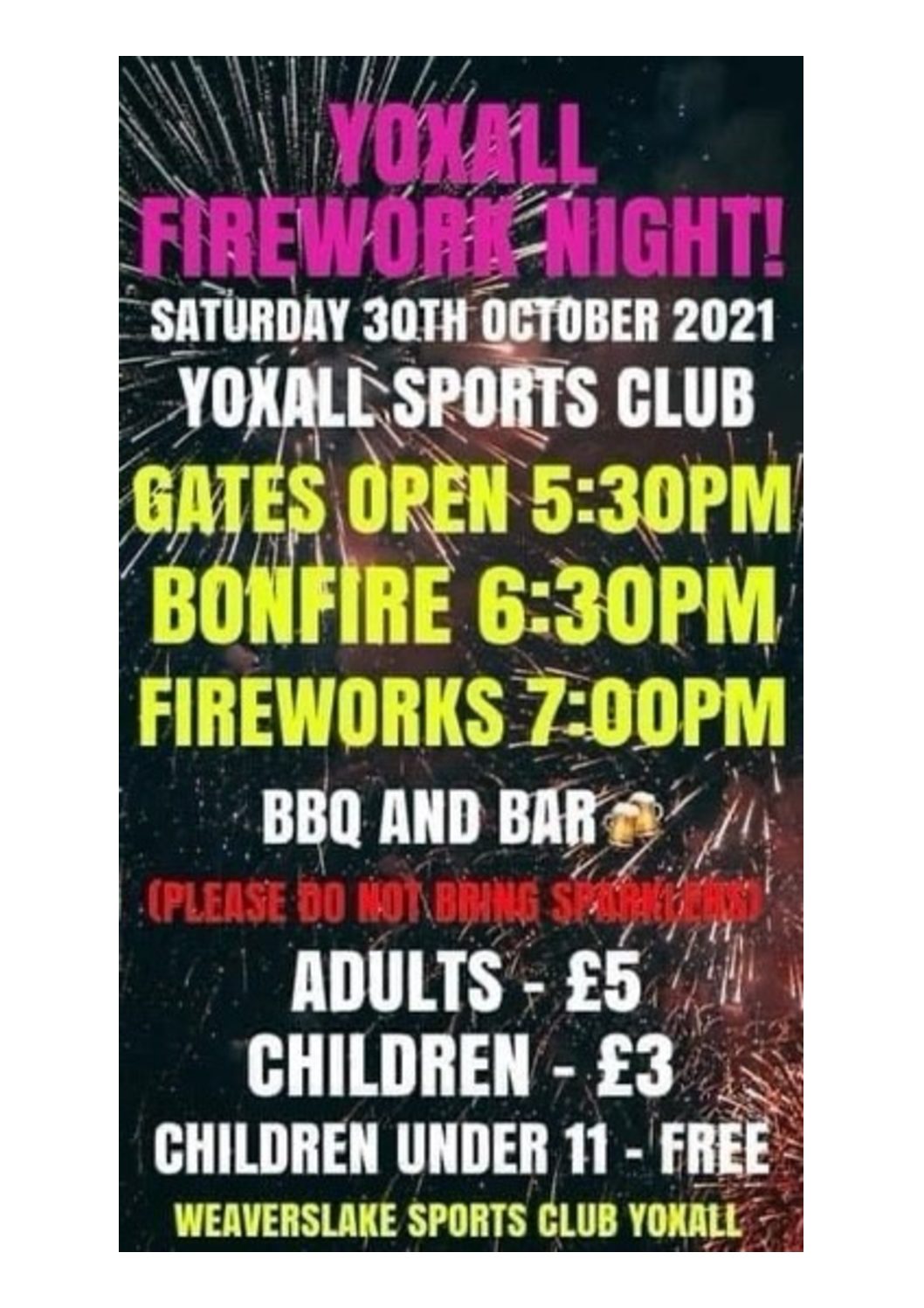 Yoxall Firework Night – Saturday 30th October 2021