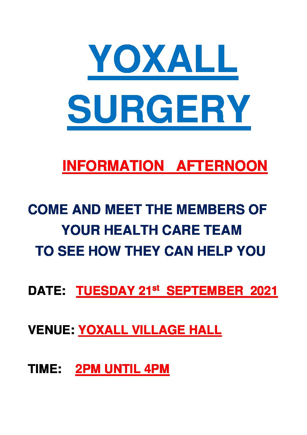 Date for your Diary – Meet the members of the Yoxall doctors surgery, Tuesday 21st September 2021