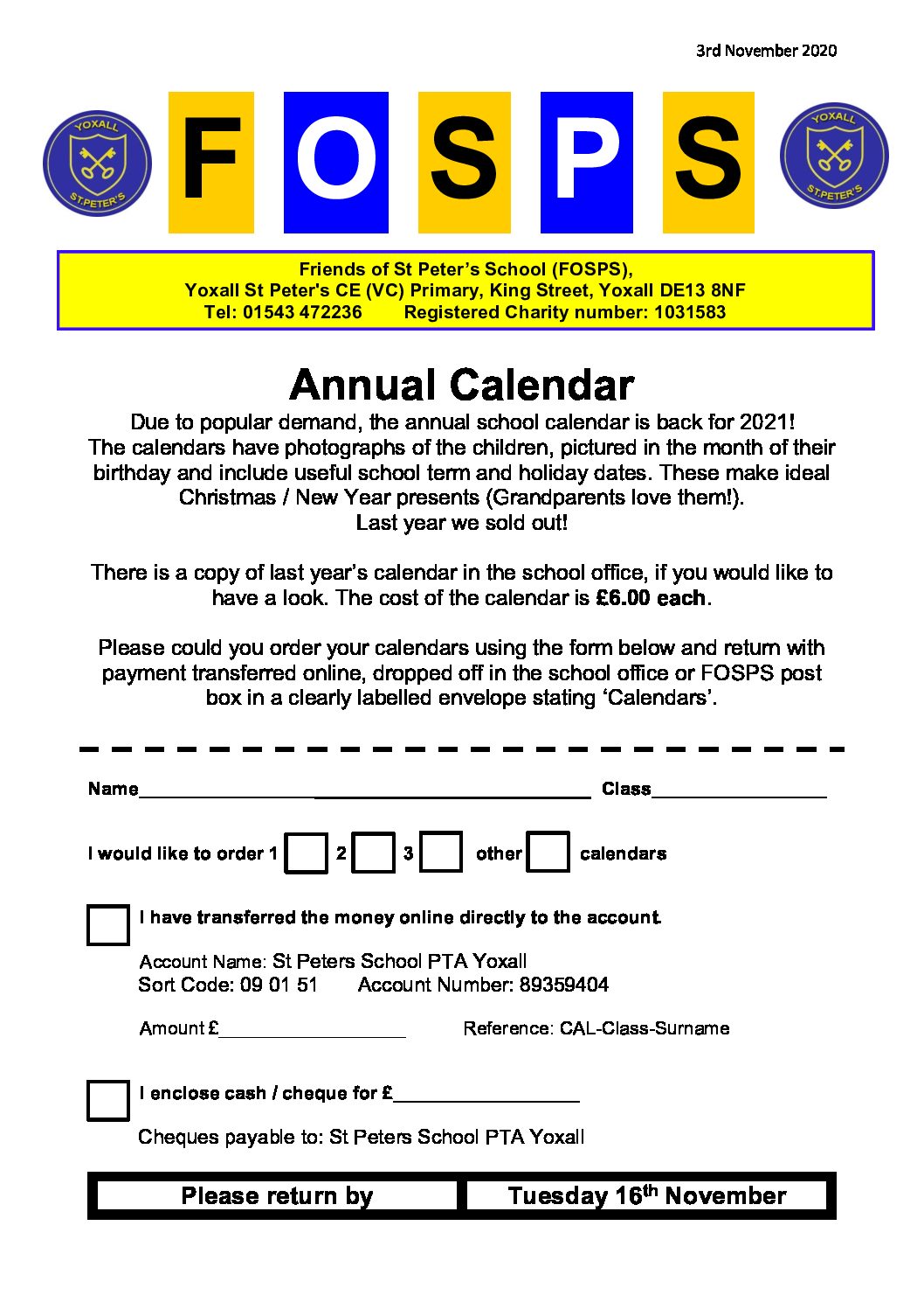 FOSPS fundraising 2022 School Calendars now available to pre-order