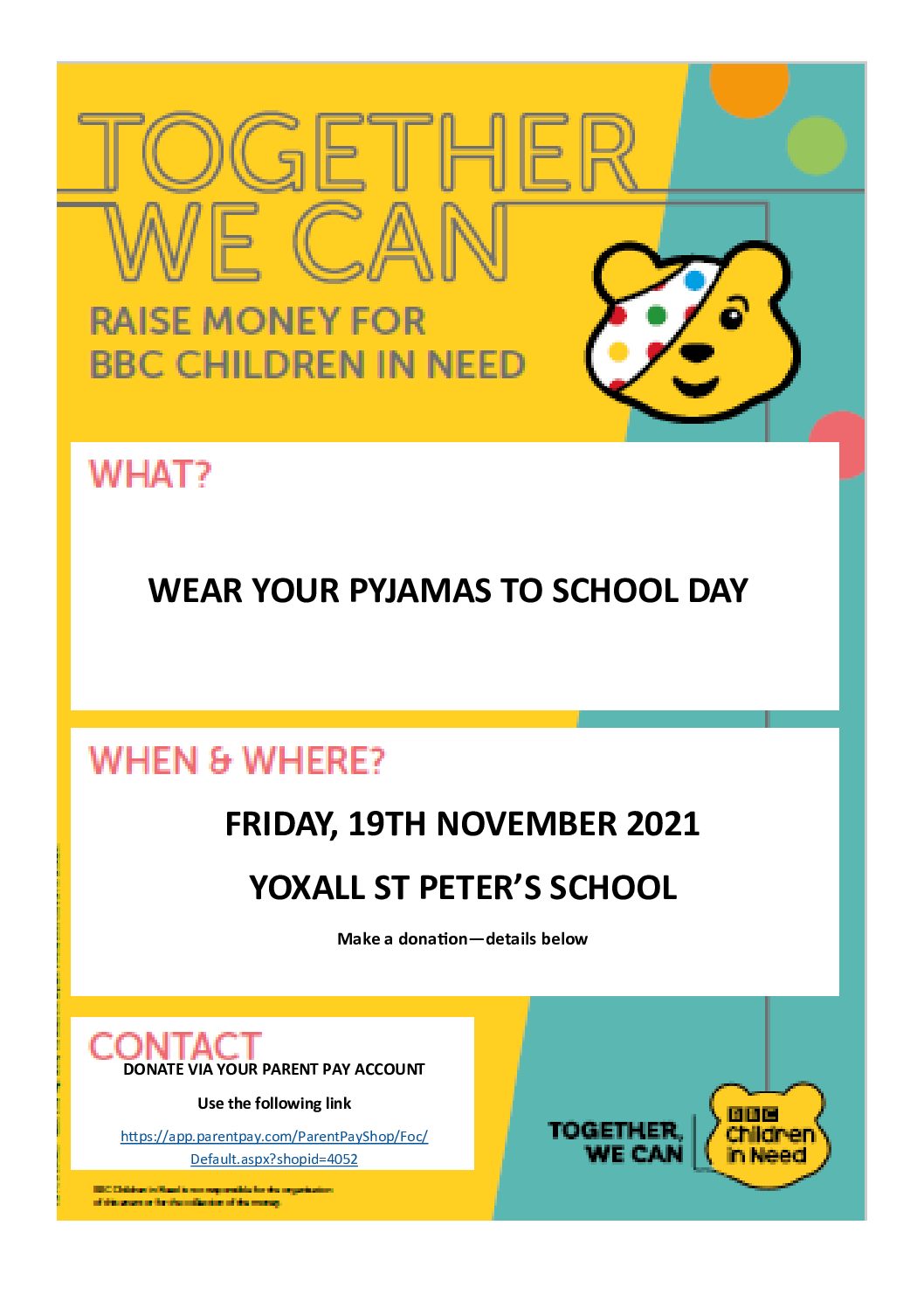 Children in Need – Wear your Pyjamas to School Day – Friday, 19th November 2021