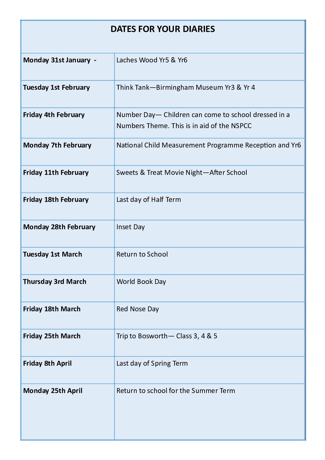 Dates for your Diaries – Spring Term 2022