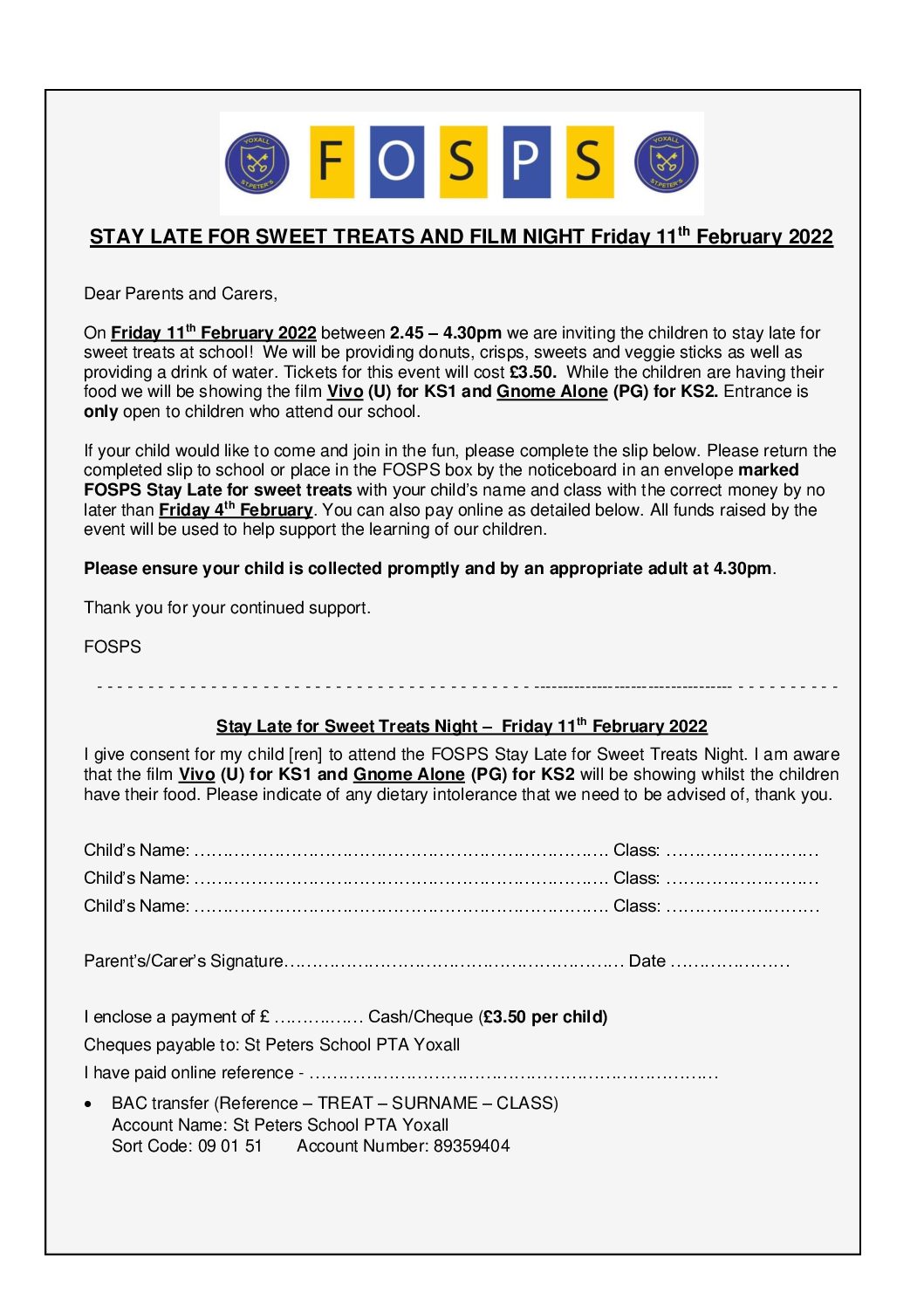 Booking Form for the Sweets and Treats Movie Night – Friday 11th February 2022