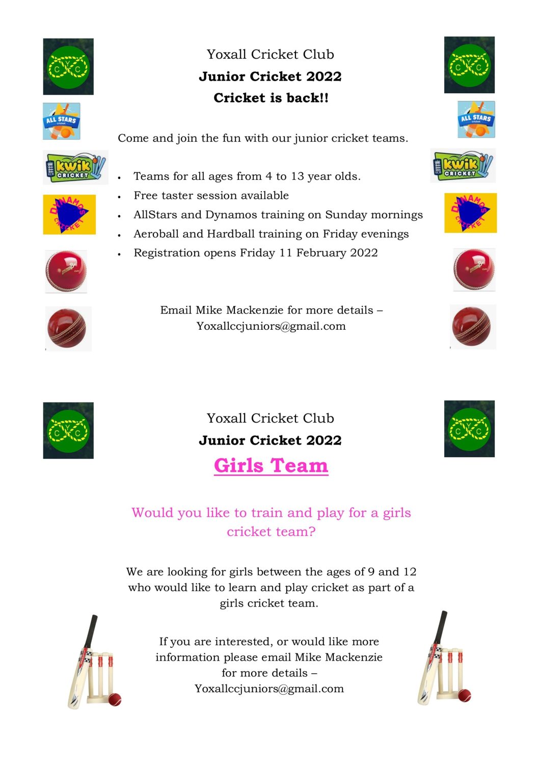 Yoxall Junior Cricket Team is Back