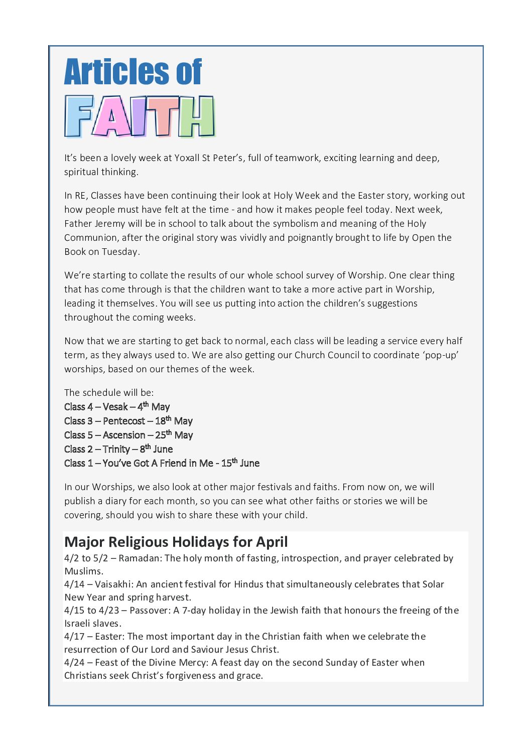 Articles of Faith – Friday, 25th March 2022