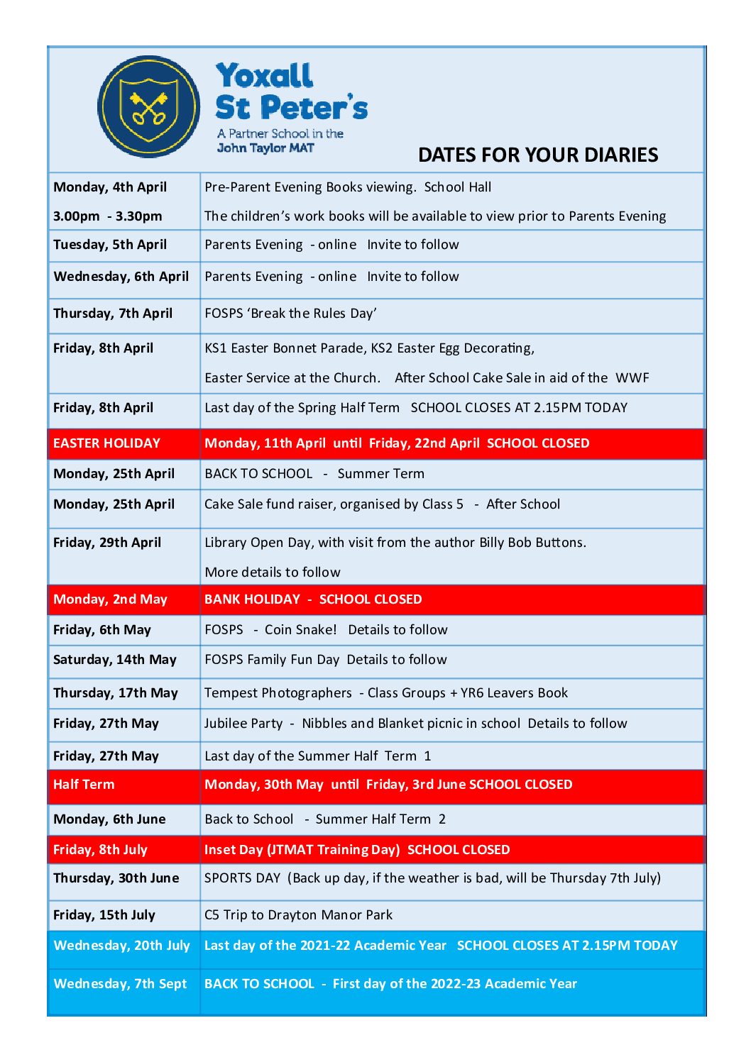 Updated – Dates for your Diaries