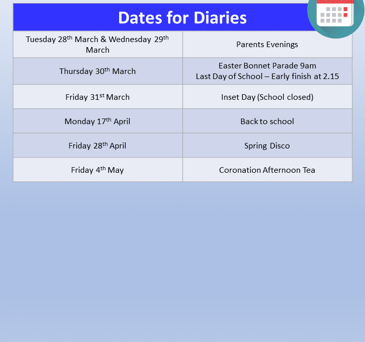 Dates for Diaries 17th March 2023