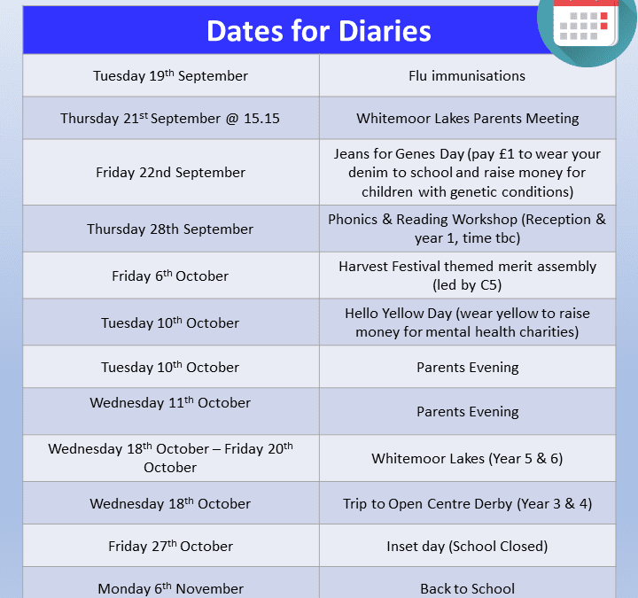 Dates for Diaries 15th September 2023