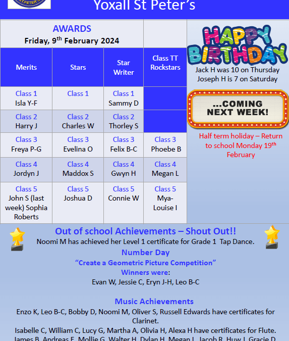 Weekly Newsletter 9th February 2024
